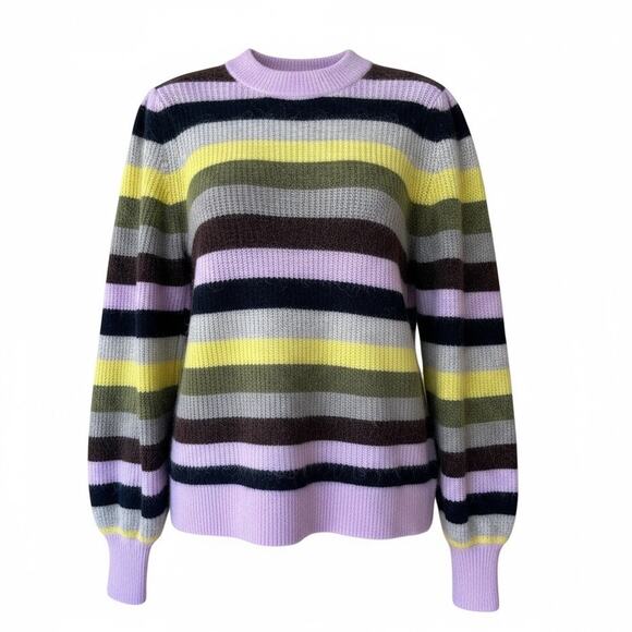 GANNI Striped Alpaca Merino Wool Sweater Lilac Yellow Puff Sleeve Knit Size S - Picture 3 of 10